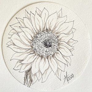 Sunflower Mood - Original Art Round Handmade Pen Pencil Painting Framed 7"